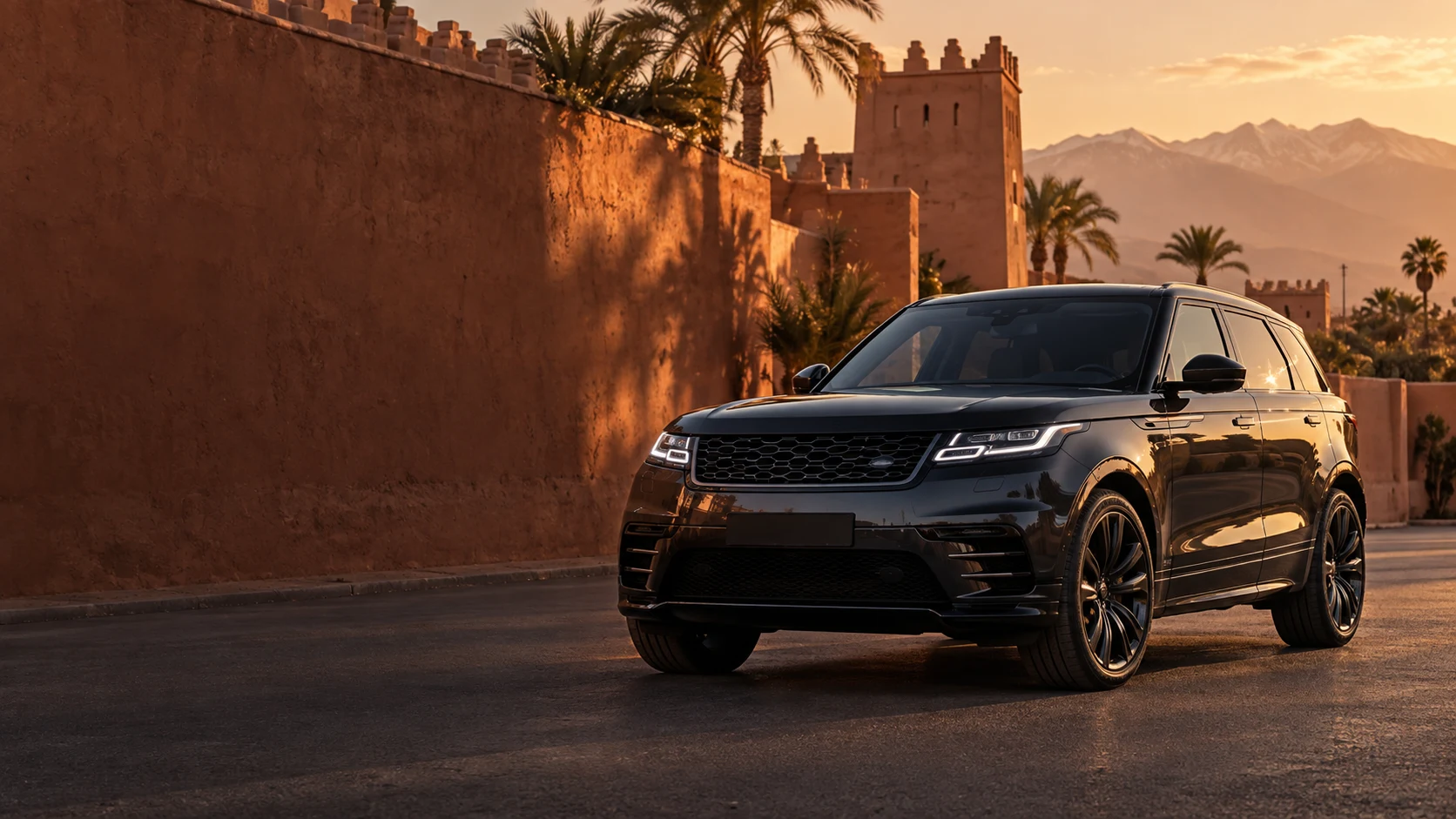 SUV devant les remparts de Marrakech à la lumière du soir